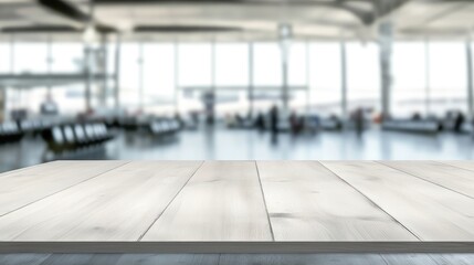Empty light gray wooden table in airport terminal