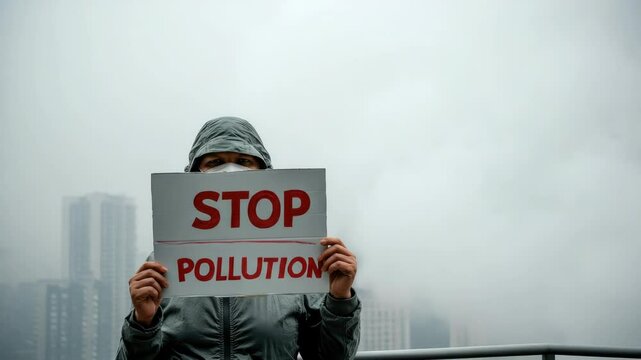 Person in hood and mask holding "STOP POLLUTION" sign against hazy cityscape, highlighting air pollution