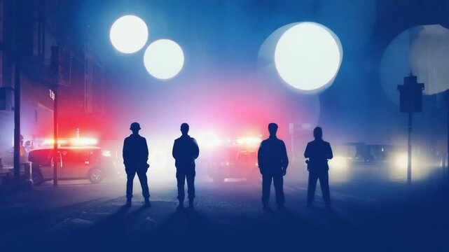Police Officers Standing Guard at Night in City with Emergency Lights