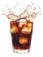 Cola Splash – Fizzy cola in a tall glass with ice cubes on transparent background

