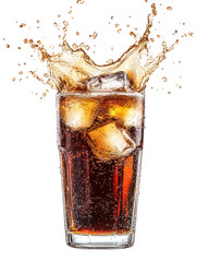 Cola Splash – Fizzy cola in a tall glass with ice cubes on transparent background


