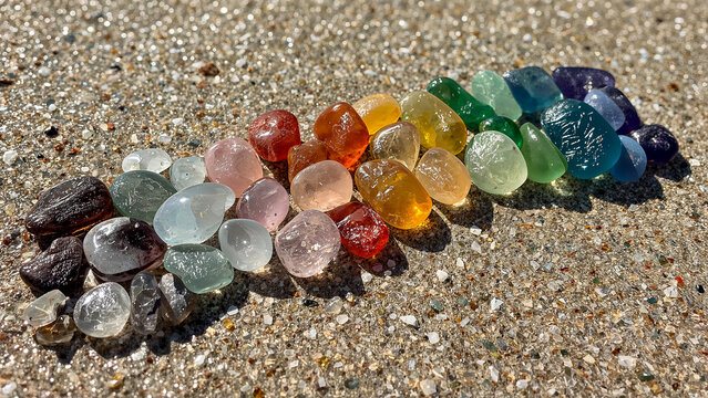 A Rainbow of Sea Glass -  A close-up shot of various colorful sea glass pebbles arranged artfully on textured sand, showcasing a spectrum of colors and shapes illuminated by sunlight.
