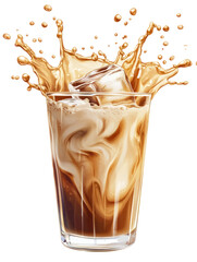 Cold coffee splash – iced coffee drink with milk swirls and dynamic splash on transparent background

