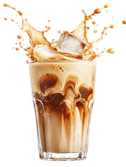 Cold coffee splash – iced coffee drink with milk swirls and dynamic splash on transparent background

