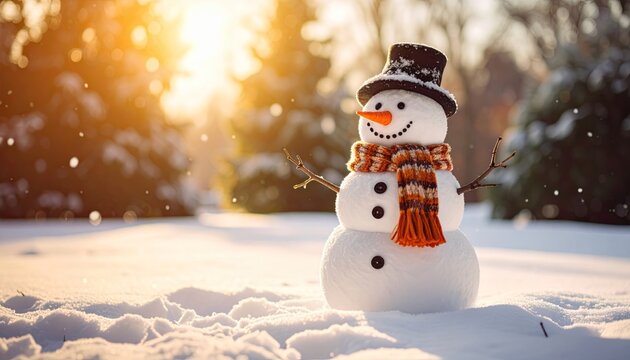 Mu&ntilde;ecos de nieve hechos con bolas de nieve, bufanda naranja y gorro de lana sobre fondo invernal nevado