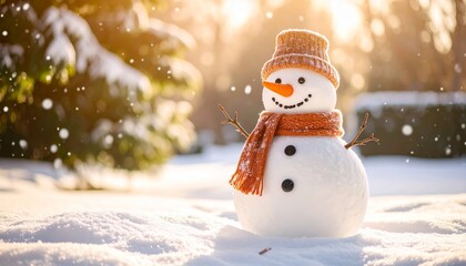 Mu&ntilde;ecos de nieve hechos con bolas de nieve, bufanda naranja y gorro de lana sobre fondo invernal nevado