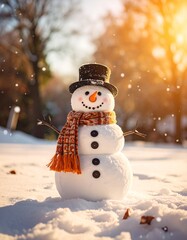 Mu&ntilde;ecos de nieve hechos con bolas de nieve, bufanda naranja y gorro de lana sobre fondo invernal nevado