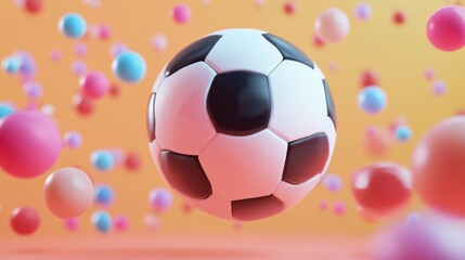 Naklejka premium Dynamic abstract composition of soccer ball and colorful spheres on soft background