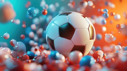 Fototapeta premium Dynamic soccer ball amidst a burst of playful, abstract color spheres