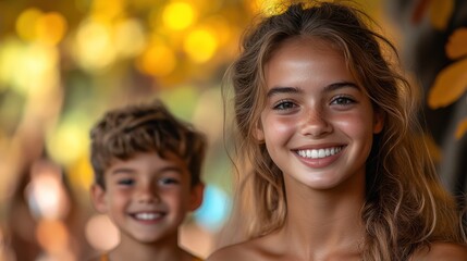 A joyful young girl with freckles and her brother are ready for an autumn walk outside.