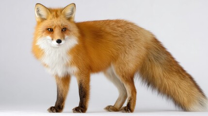 Fototapeta premium A red fox stands against a plain background