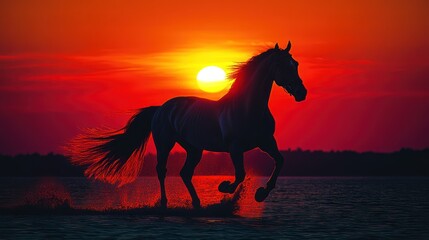 A majestic horse gallops through water during a fiery sunset, creating a dramatic silhouette.