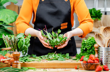 Chef prepares healthy food in the kitchen. Cook holds raw swiss chard leaves in hands. Healthy vegan eating, cooking, blogging