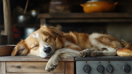 A serene golden retriever mix sleeps peacefully atop an old wooden counter indoors.