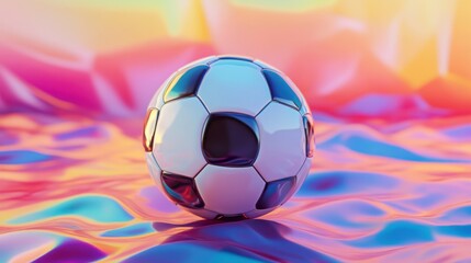 Obraz premium Soccer ball resting on vibrant iridescent liquid landscape artwork creation