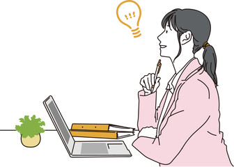 Naklejka na ściany i meble PCの前で閃くスーツの女性の横顔イラスト素材