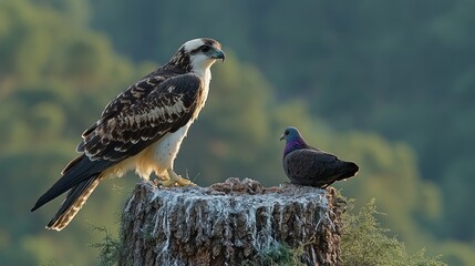 A stunning hawk stands perched atop a weathered tree stump alongside a perched colorful pigeon.
