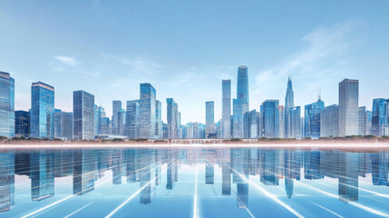 Fototapeta premium Blue city building complex with a tech feel, commercial finance real estate background