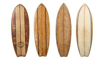 weathered surfboards, each displaying unique wood grain patterns, flat lay, isolated PNG transparent background