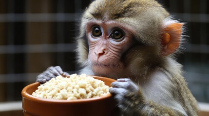 A young monkey with soulful eyes attentively holds a bowl full of food in its tiny hands.