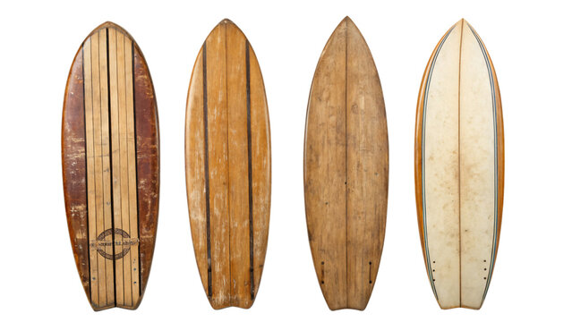 weathered surfboards, each displaying unique wood grain patterns, flat lay, isolated PNG transparent background