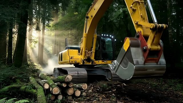 A log splitter hums steadily in a sunny forest clearing, its hydraulic ram slicing through a thick oak log with relentless force. Sunbeams pierce through the towering maples.