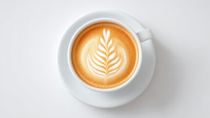 A cup of coffee with elegant latte art in a white ceramic mug on a clean white background, bright lighting, high resolution, and HDR-processed finish