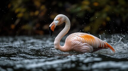 Elegant flamingo wades gracefully through shimmering water, creating ripples with its movement.