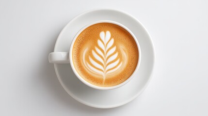 High-end stock photo of creamy latte in a white ceramic cup, symmetrical rosetta art, clean white backdrop