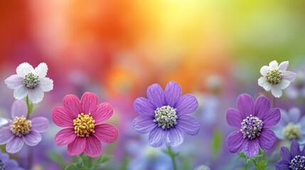 Five vibrant Ammi majus flowers in white, pink, and purple, with a soft colorful backdrop.