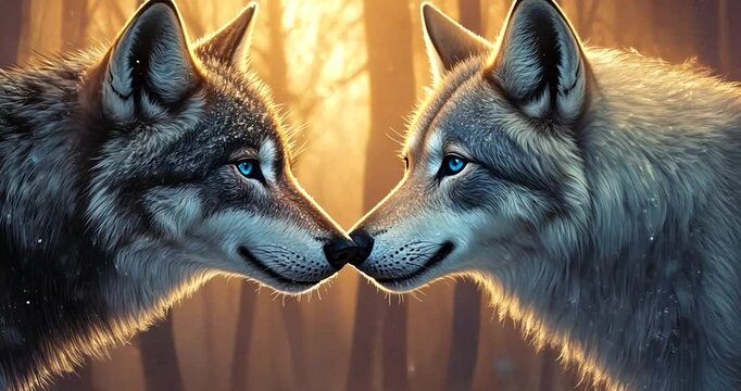 Two wolves face each other in snowy forest at sunset.