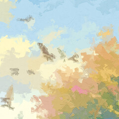 Various oil paintings, flowers, horses, waterfalls, forests, landscapes, swallows, butterflies, chrysanthemums, birds