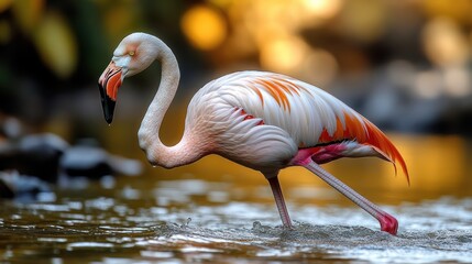 A striking flamingo stands gracefully wading in shallow water with warm, blurred background bokeh.