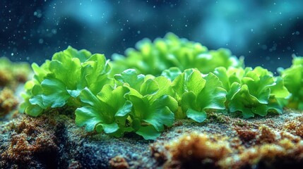 Lush green algae clusters thrive on a textured surface beneath sparkling blue water column.