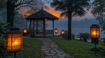 Illuminated lanterns and a gazebo create a serene atmosphere near a misty lake at dusk.