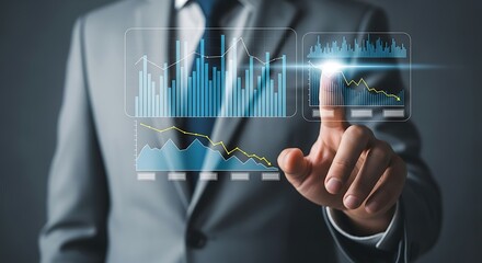 Businessman interacting with digital data interface, advanced technology concept