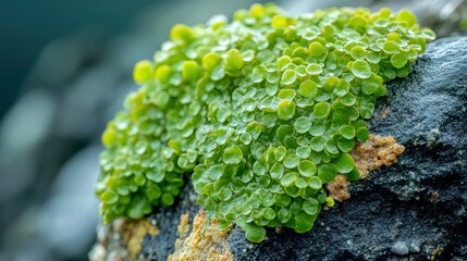 Lush, vibrant green algae clinging to a dark, textured rock with golden accents showing a unique