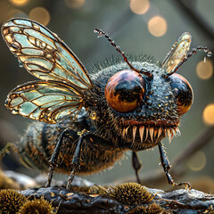 An angry, aggressive, fantastic insect with big eyes. Bokeh on the background.