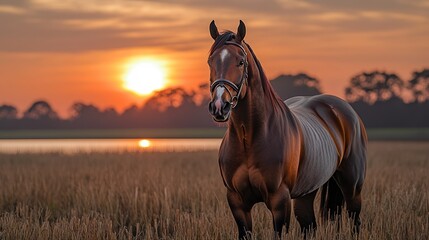 Majestic horse stands regally in a golden field during the vibrant hues of the sunset scene.