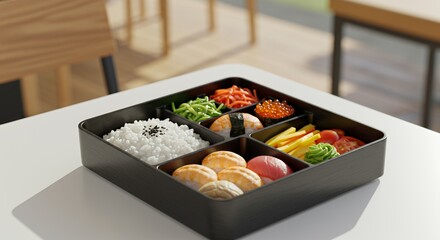 Delightful Japanese Bento Box Lunch: A Vibrant Array of Sushi, Rice, and Fresh Vegetables, Perfectly Presented for a Healthy and Appetising Meal.