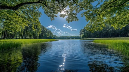 Panoramic view of a serene lake bordered by a lush forest, with sunlight streaming through leaves.