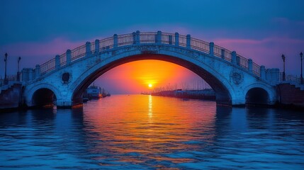 Serene river scene featuring an arched bridge silhouetted against a vibrant sunset glow.