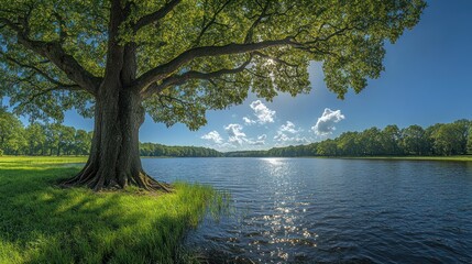 Scenic lake view framed by a large tree with sun dappling water on a bright day scene.