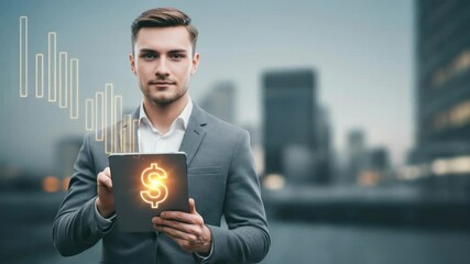 Young Caucasian man in formal suit holding tablet with dollar symbol hologram cityscape background - Powered by Adobe
