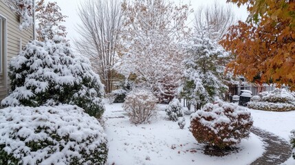 Snowy Autumn Backyard Landscape
