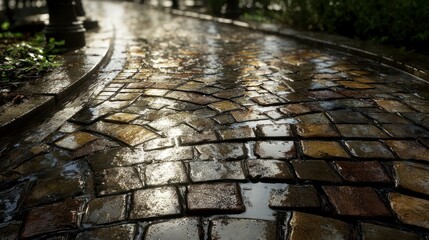 Wet cobblestone pathway reflecting light textured urban surface image