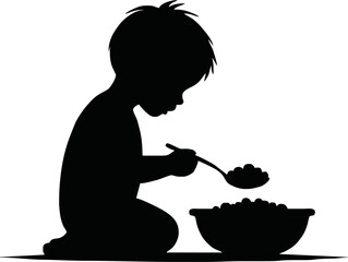 Silhouette of a hungry child sitting on the ground holding an empty bowl, head slightly bowed, thin and fragile figure, sad posture, isolated on white background, vector style