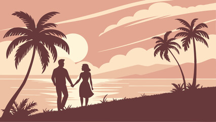 Romantic young couple on a tropical beach at sunset, silhouetted against the sky and sea