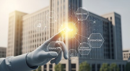 Corporate touch interface presenting sales marketing finance and operations divisions