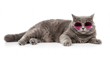 Cool gray cat stylishly poses wearing pink sunglasses against bright white background. AI Generated